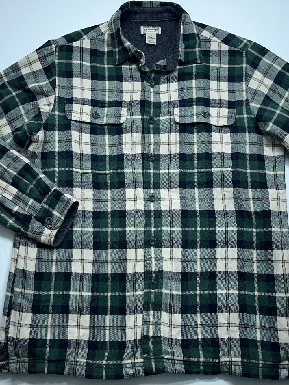 L.L. Bean Sherpa Lined Flannel Shirt Mens Size Medium Green Plaid Shacket